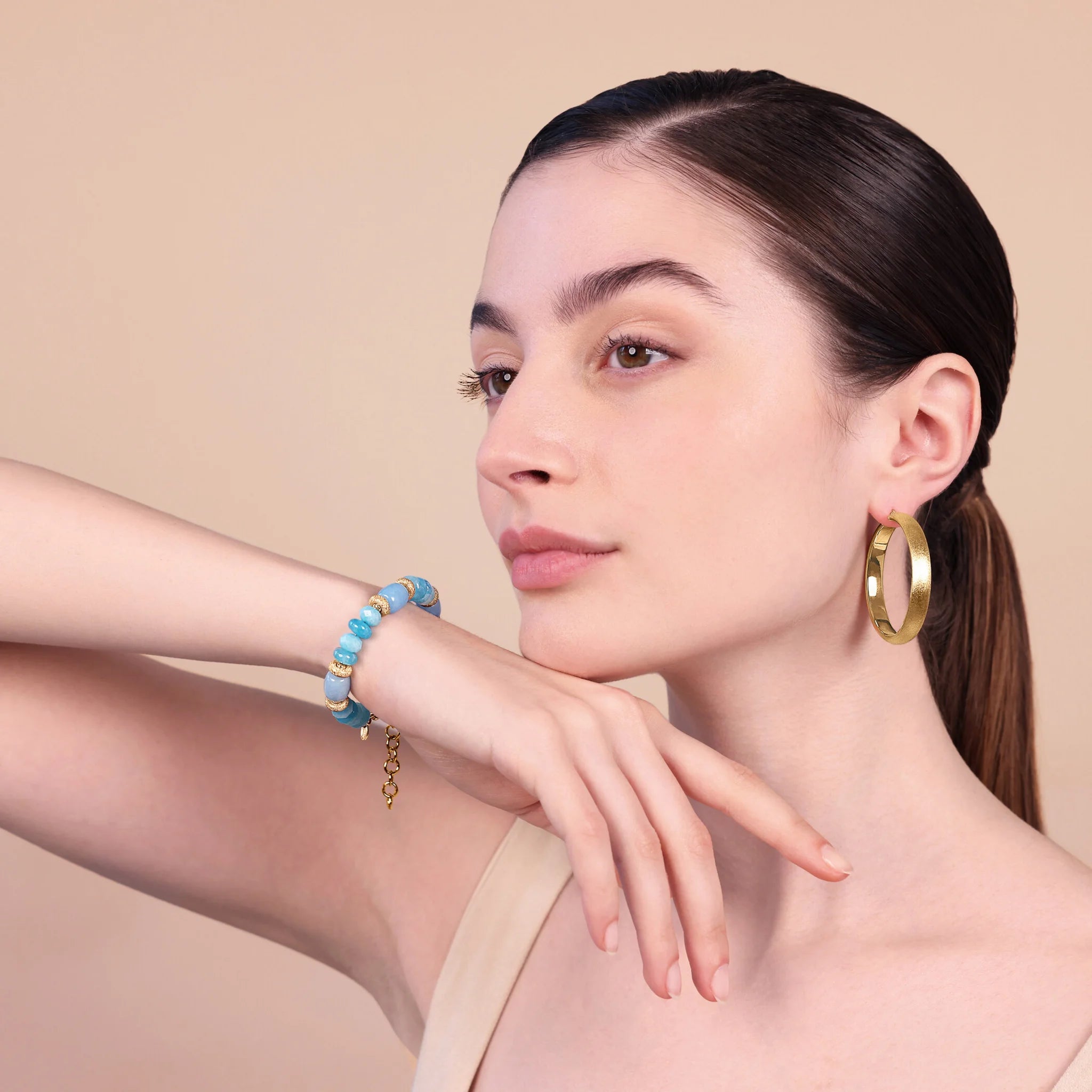 Bracciale in Argento 925 placcato Oro Giallo 18Kt con Rondelle Lavorate e Pietre Naturali Taglio Barilotto