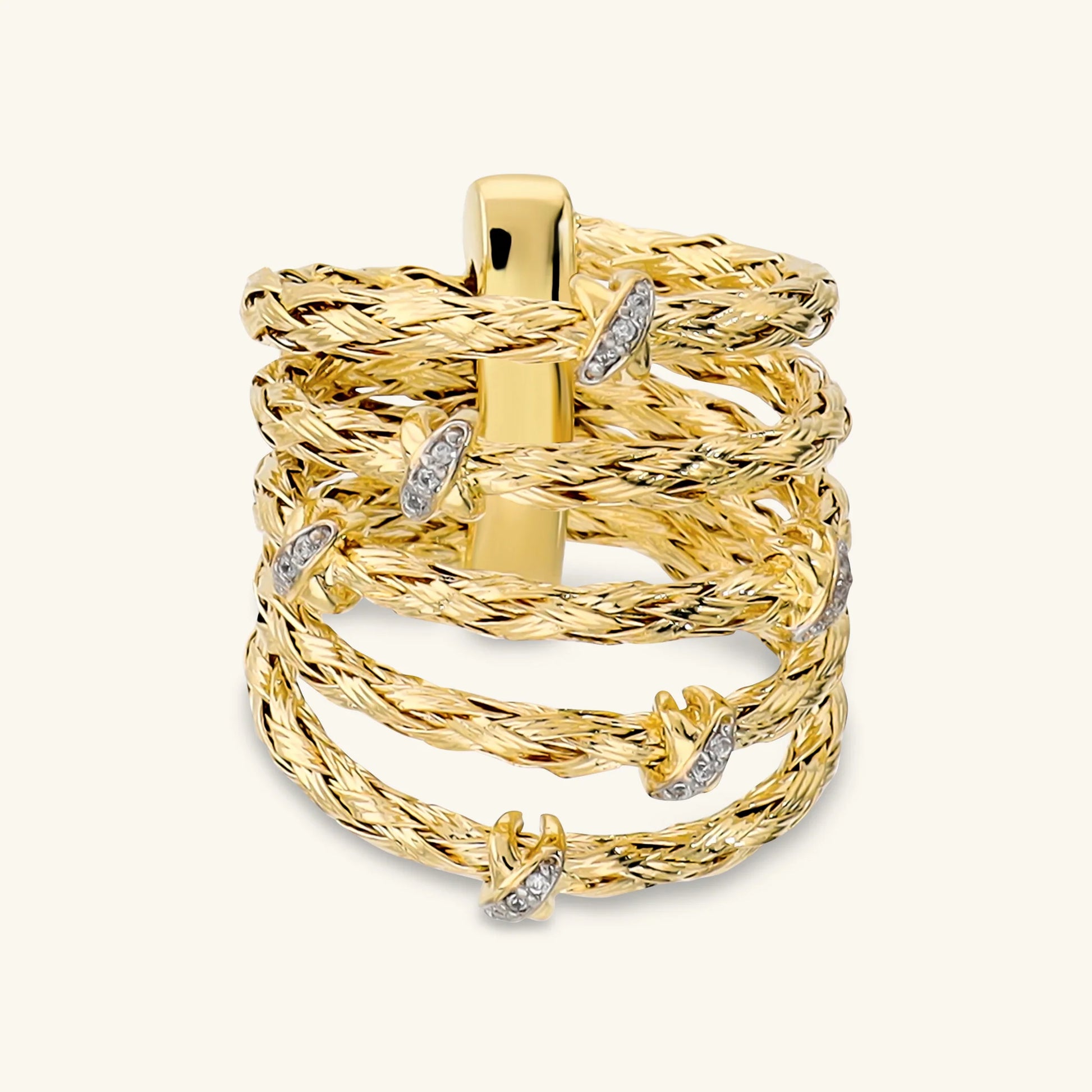 Multistrand Diamond-Cut Rope Texture Ring with Cubic Zirconia