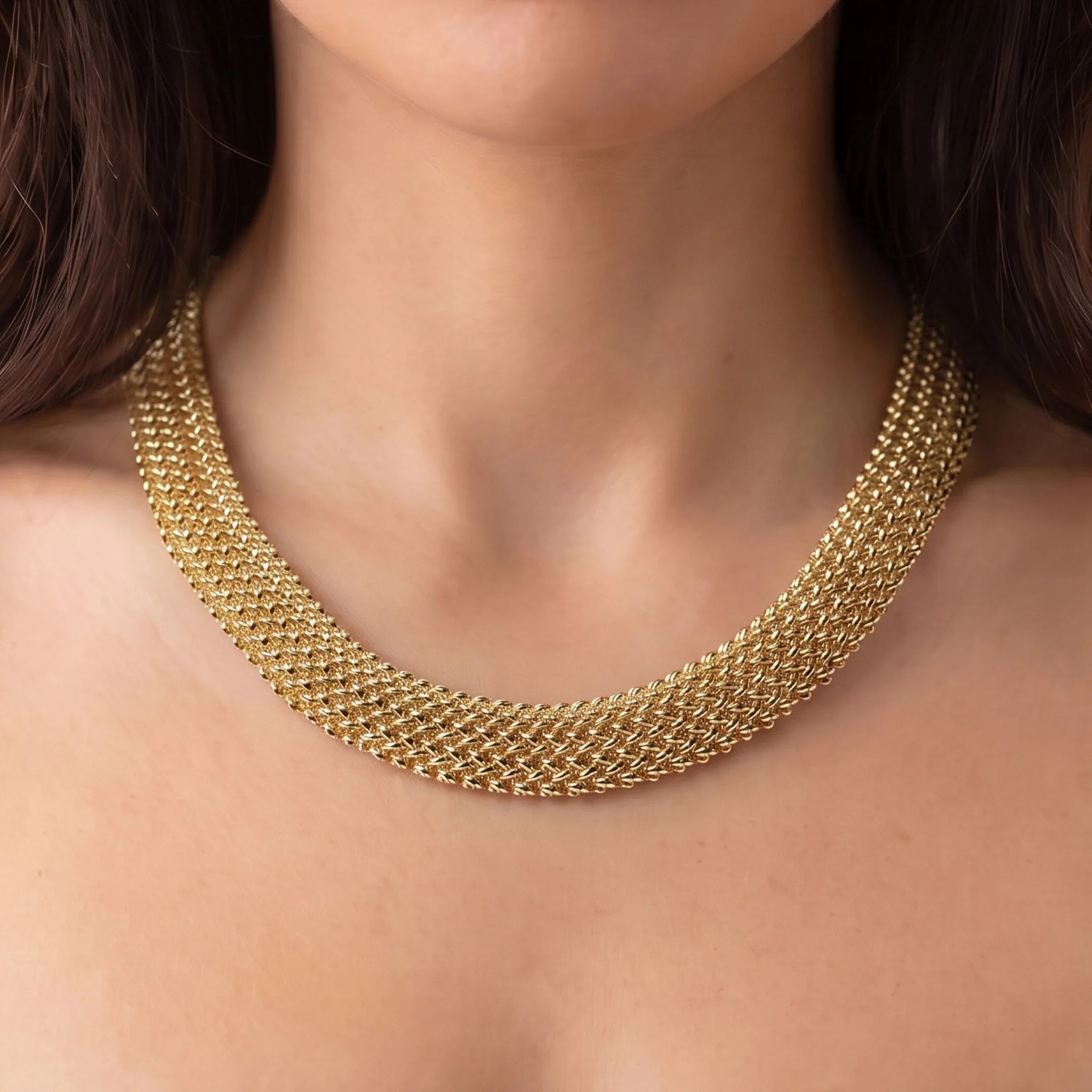 Collana Girocollo Maglia Grana di Riso Bombata Placcata Oro 18Kt