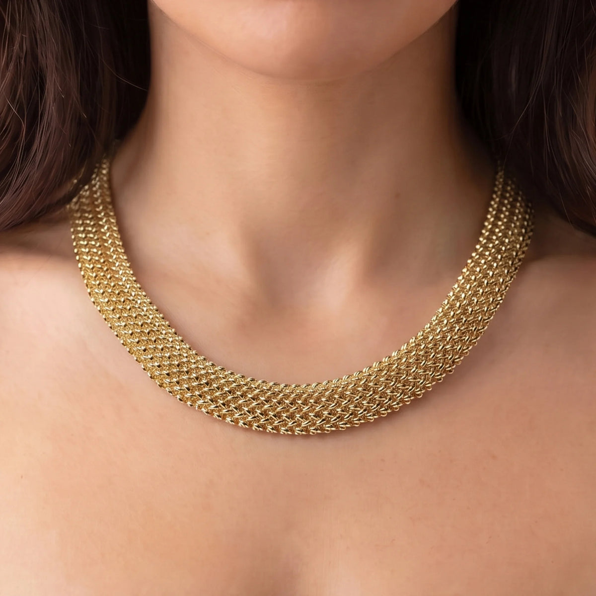 Collana Girocollo Maglia Grana di Riso Bombata Placcata Oro 18Kt
