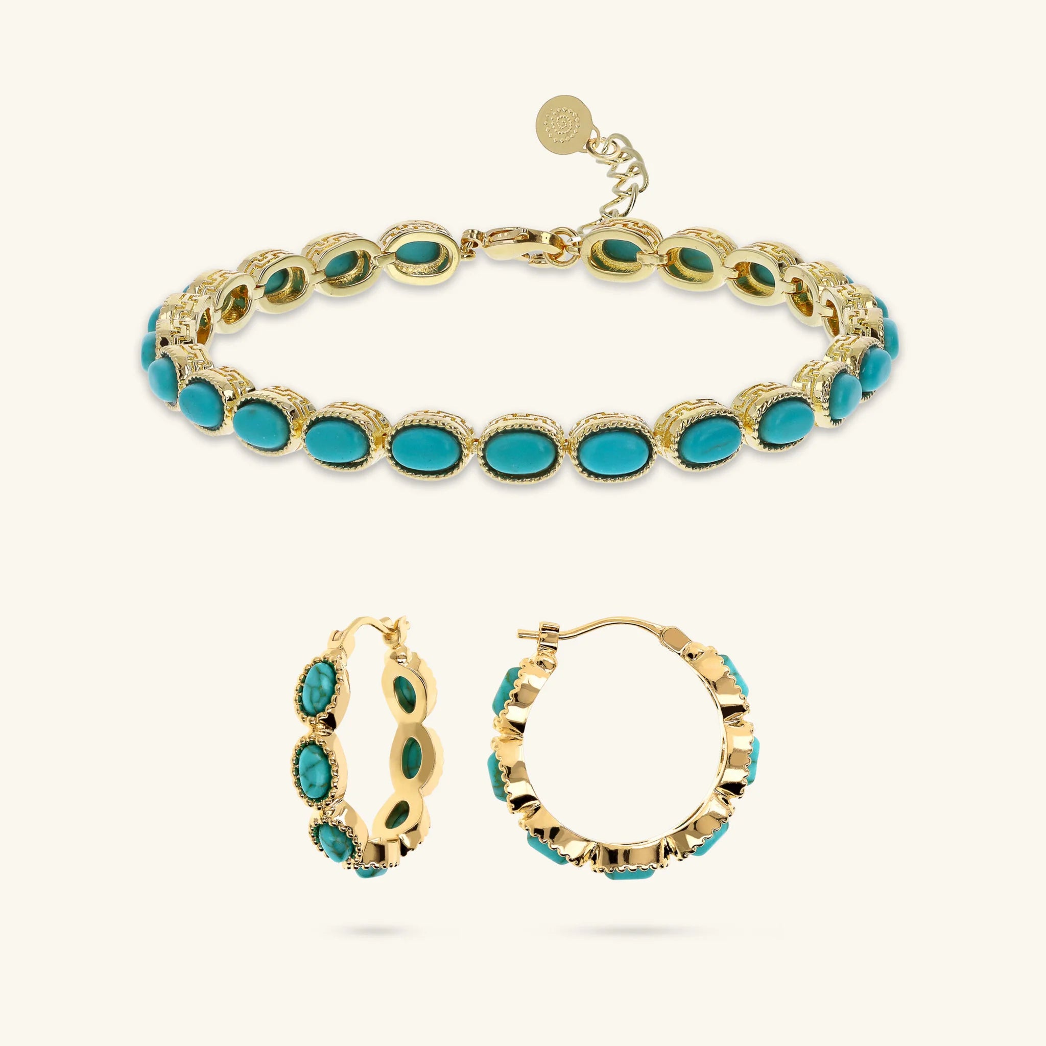 Set bracelet + boucles d'oreilles créoles travaillées avec pierre naturelle turquoise