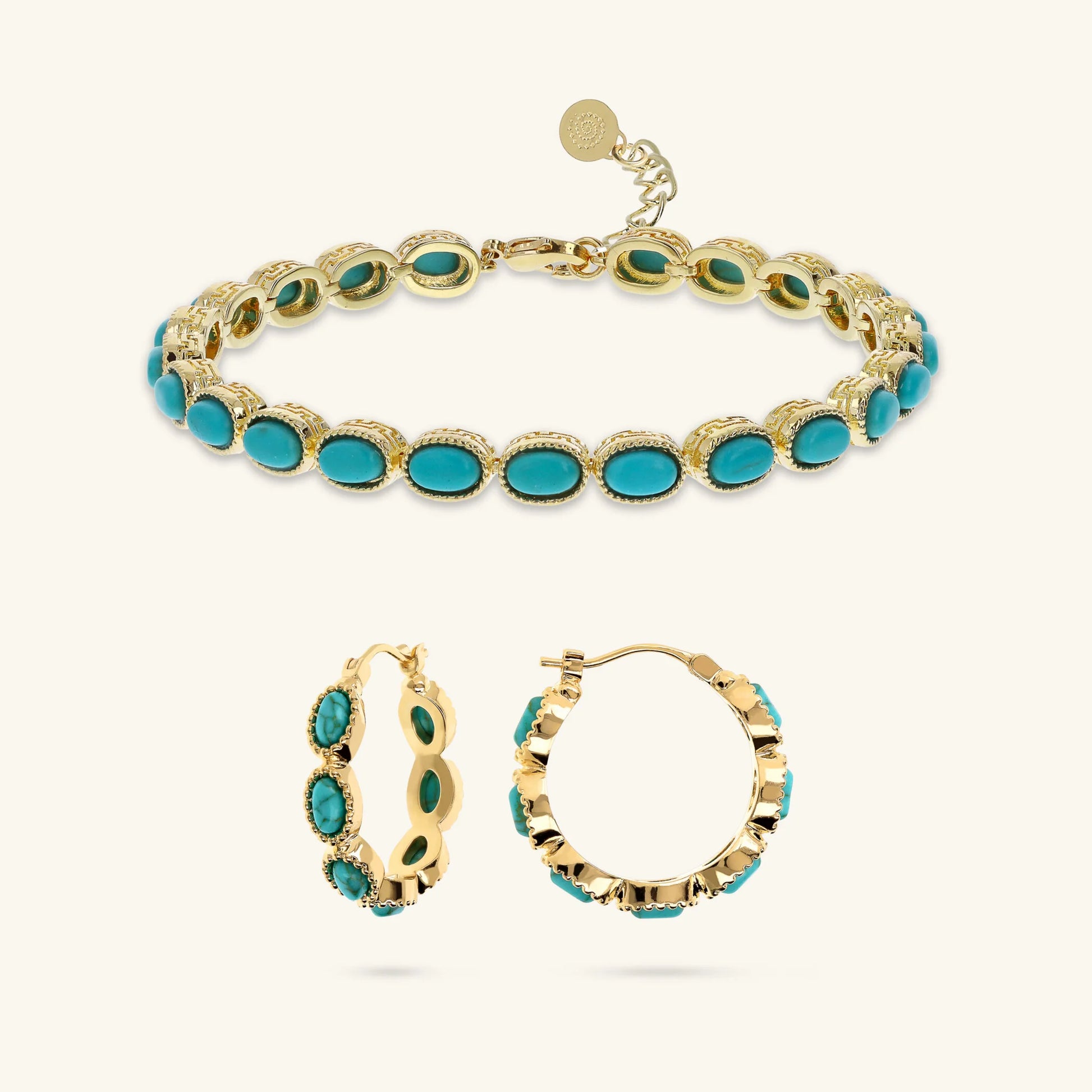 Set bracelet + boucles d'oreilles créoles travaillées avec pierre naturelle turquoise