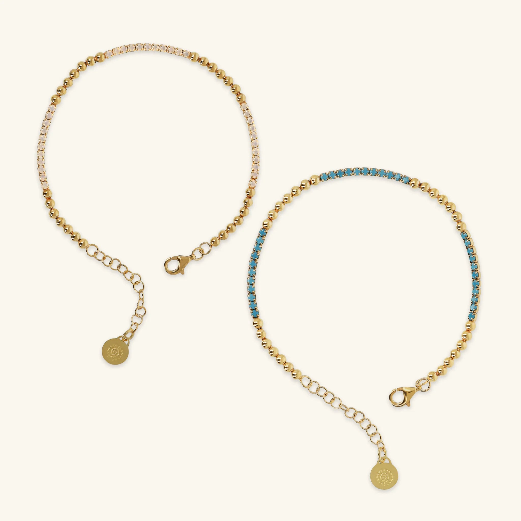 Set 2 Bracciali Tennis Misti in Argento 925 placcato Oro Giallo 18kt con Bead Lucide e Cubic Zirconia