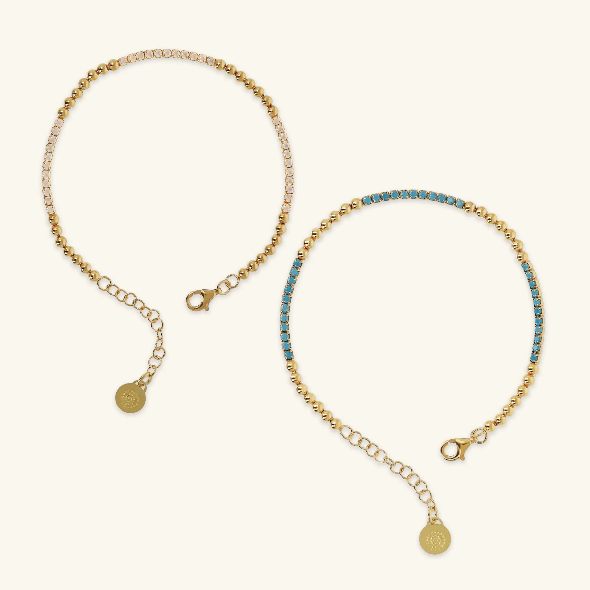Set 2 bracelets tennis mixtes en argent 925 plaqué or jaune 18kt avec perles brillantes et zirconium cubique
