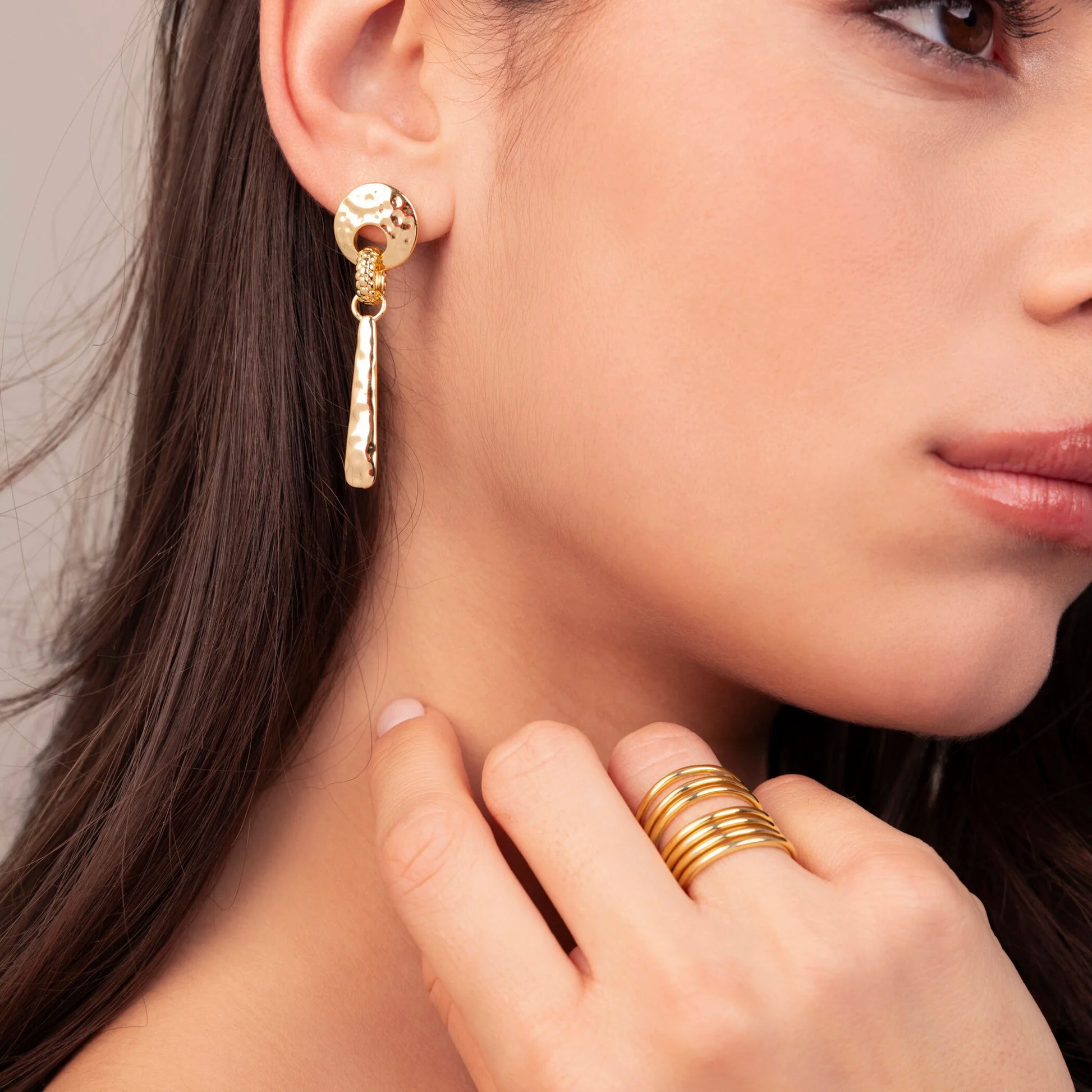 Drop Earrings with Hammered and Beaded Finish