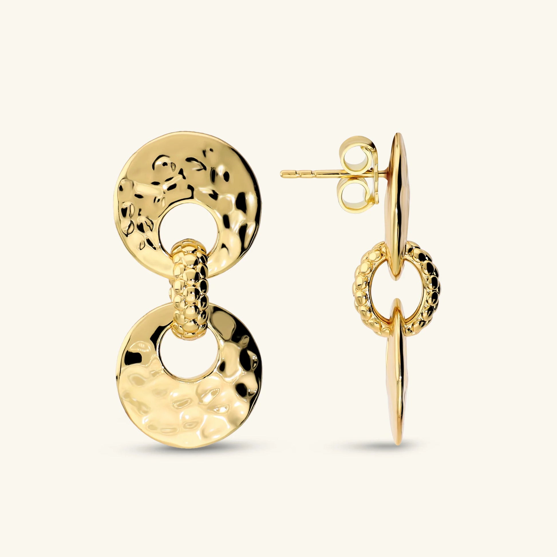 Double Disc Drop Earrings with Hammered and Beaded Finish