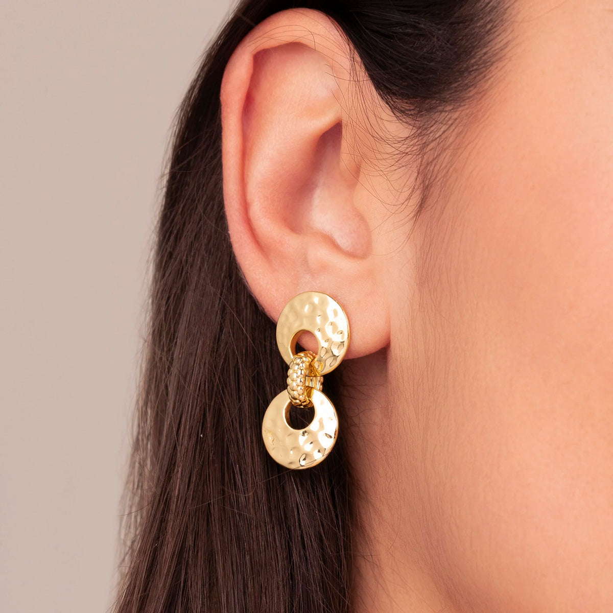 Double Disc Drop Earrings with Hammered and Beaded Finish