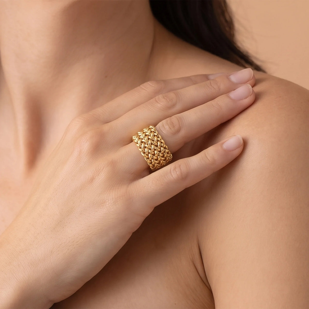 Anello a Fascia Maglia Grana di Riso Placcato Oro 18Kt
