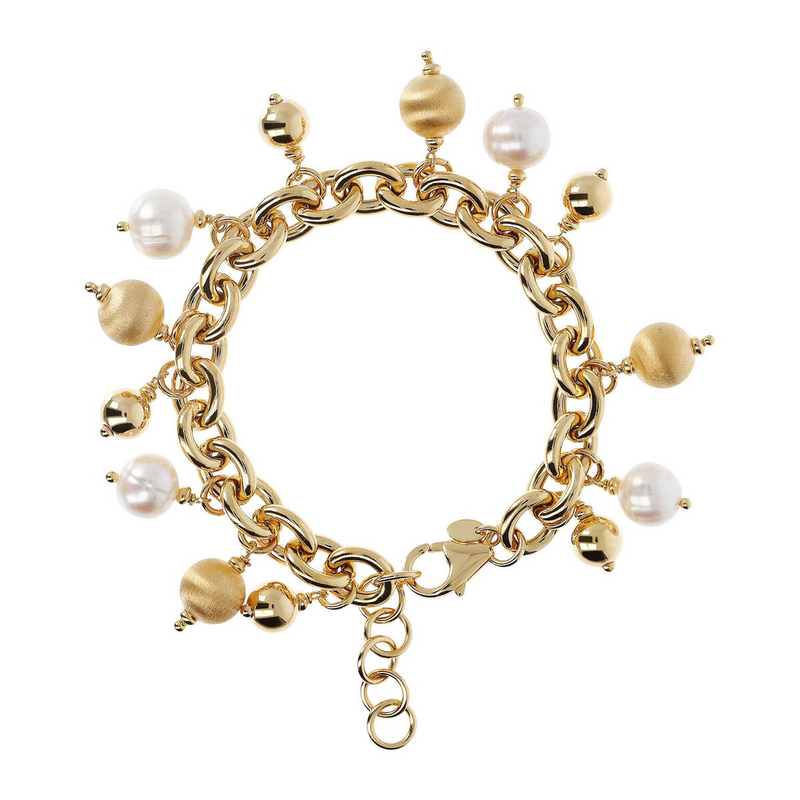 Gliederarmband mit Anhängern aus goldenen Satinkugeln und weißen Perlen