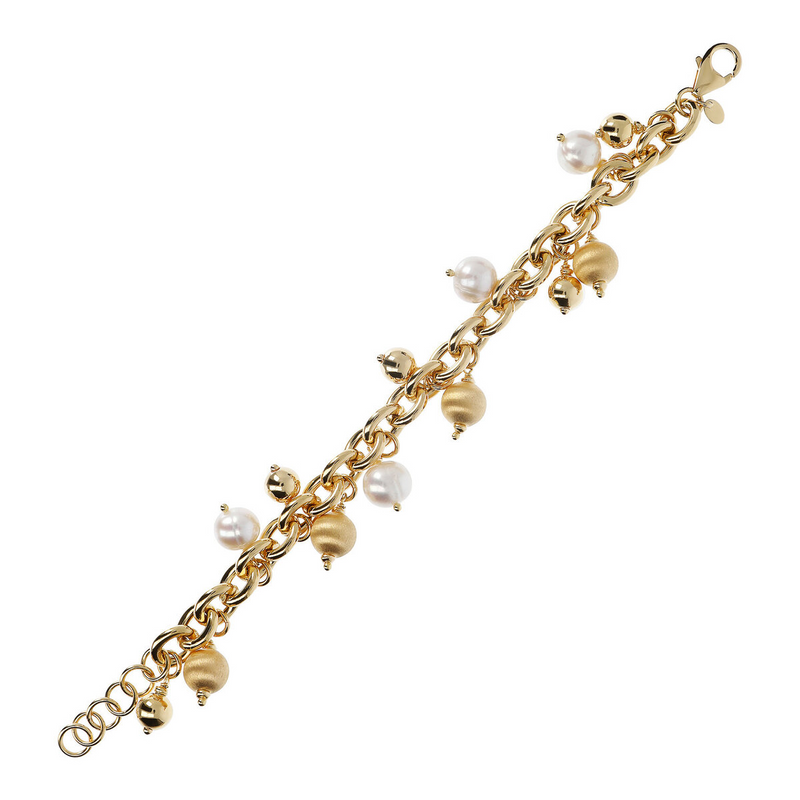 Gliederarmband mit Anhängern aus goldenen Satinkugeln und weißen Perlen