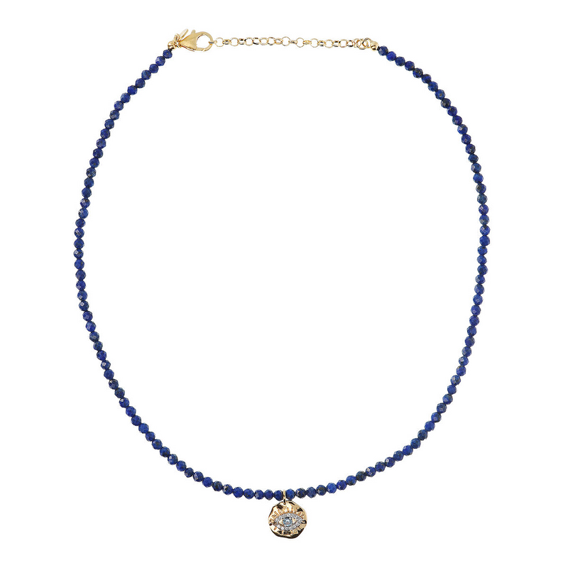 Collier Ras de Cou Lapis Lazuli et Pendentif Rond Martelé avec Oeil Pavé