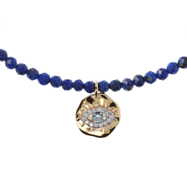 Lapis Lazuli Necklace and Hammered Round Pendant with Pavé Eye