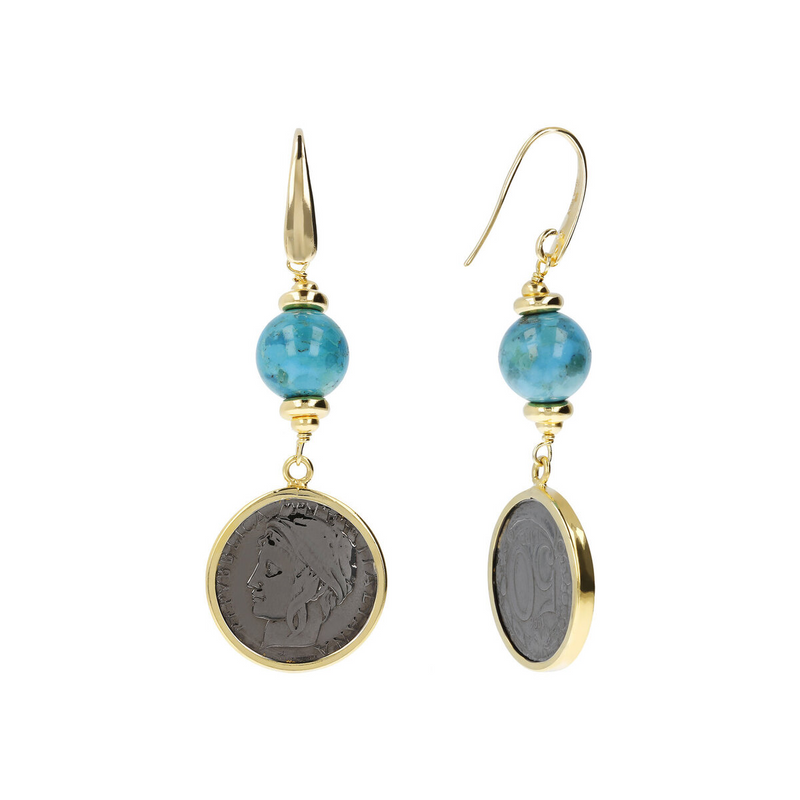 Pendant Earrings with Turquoise and Coin