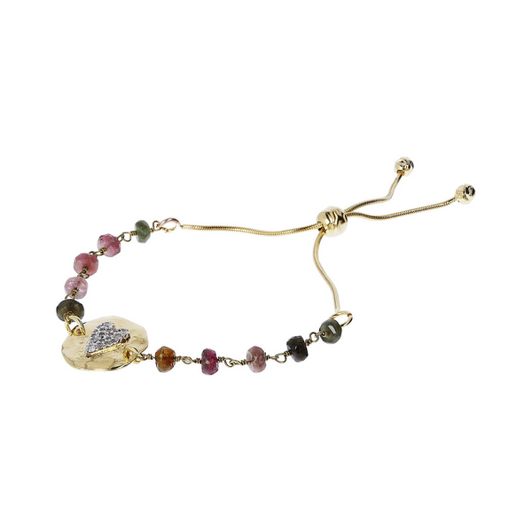Adjustable Rosary Bracelet with Tourmaline and Hammered Pendant with Pavé Heart