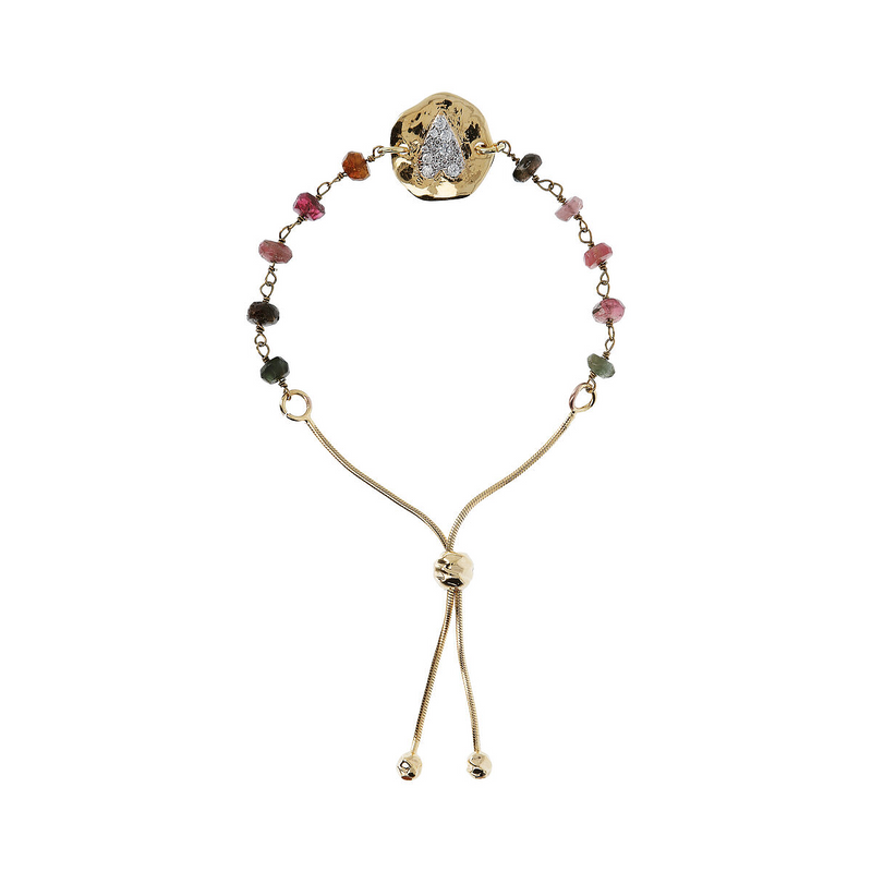 Bracelet chapelet réglable avec tourmaline et pendentif martelé avec coeur pavé