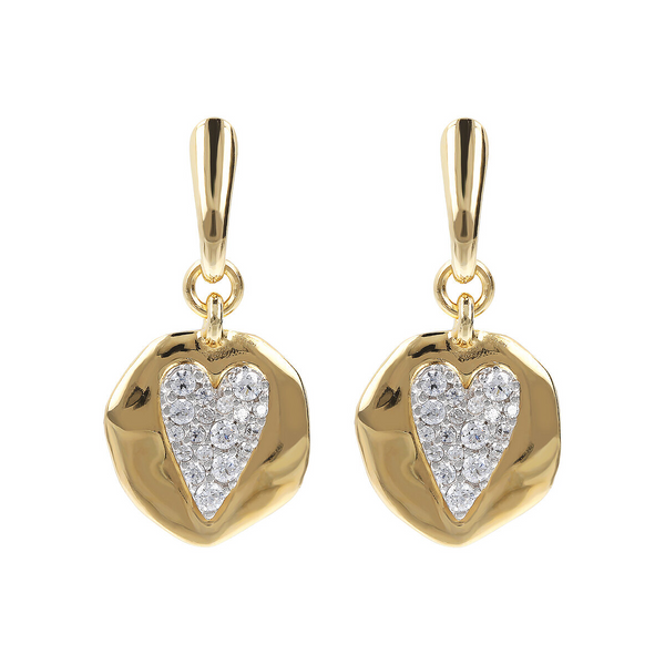 Pendant Earrings with Hammered Pendant and Pavé Heart in Cubic Zirconia