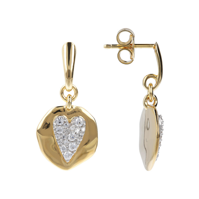 Pendant Earrings with Hammered Pendant and Pavé Heart in Cubic Zirconia
