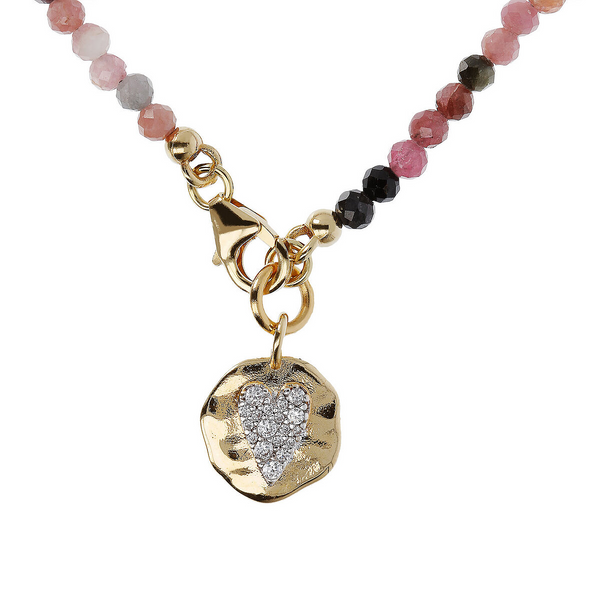 Necklace in Multicolored Tourmaline and Hammered Pendant with Pavé Heart in Cubic Zirconia