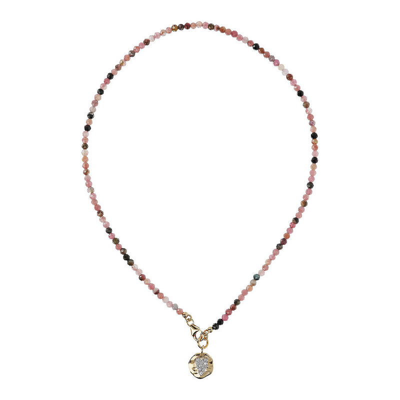Necklace in Multicolored Tourmaline and Hammered Pendant with Pavé Heart in Cubic Zirconia