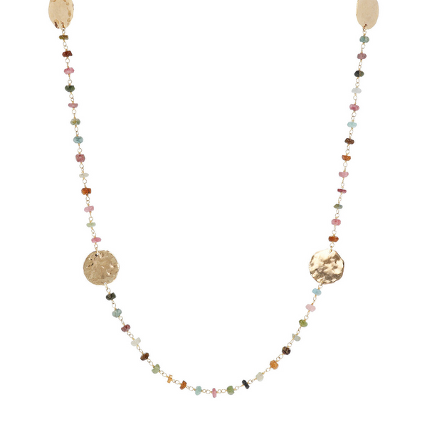 Rosary Necklace with Multicolor Tourmaline Natural Stone and Hammered Discs