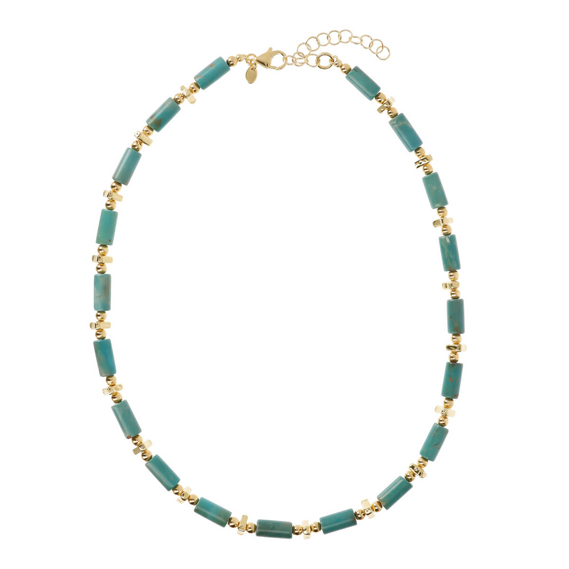 Runde Halskette mit türkisfarbenen Natursteinen und Gold-Scheiben