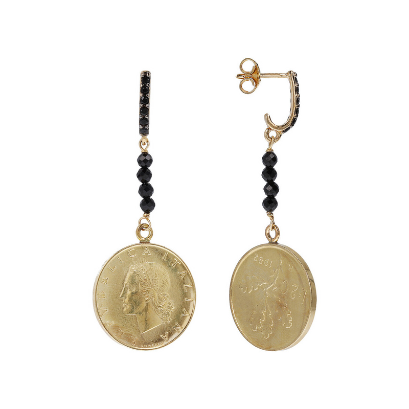 Drop Earrings with Coin and Black Spinels