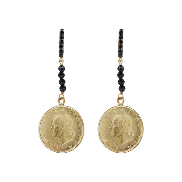 Drop Earrings with Coin and Black Spinels