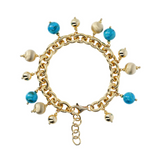 Bracelet Chaîne Rolo avec Pendentifs Boules en Satin Doré et Pierre Naturelle Turquoise