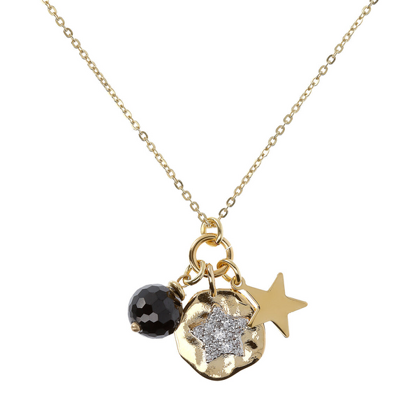 Rolo Chain Necklace with Hammered Multipendant with Pavé Star and Light Blue Quartzite