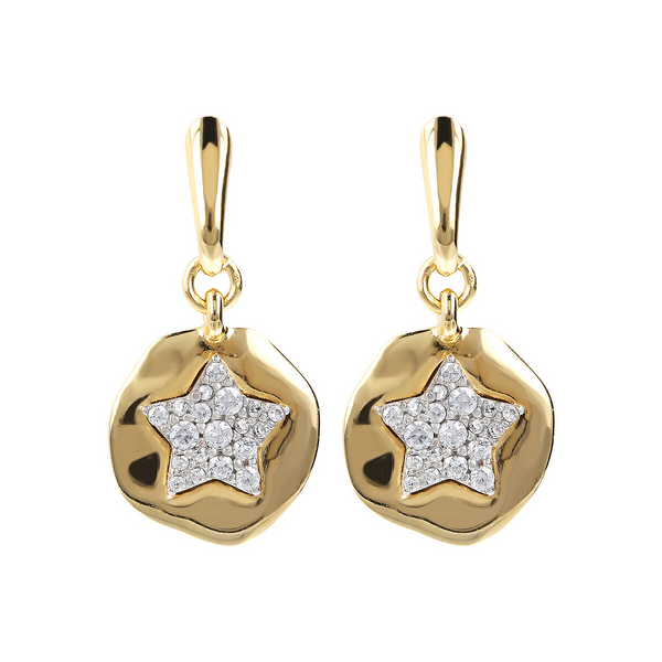 Boucles d'oreilles pendantes avec rond martelé et étoile pavée en zircone cubique