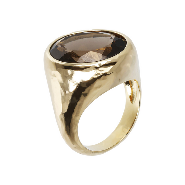 Hammered Chevalier Ring with Round Brown Quartz 