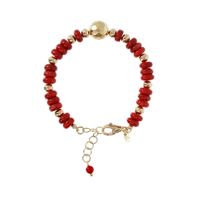Bracelet with Hammered Sphere and Red Bamboo Coral Natural Stone