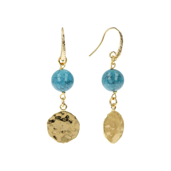 Pendant Earrings with Hammered Disc and Turquoise Natural Stone