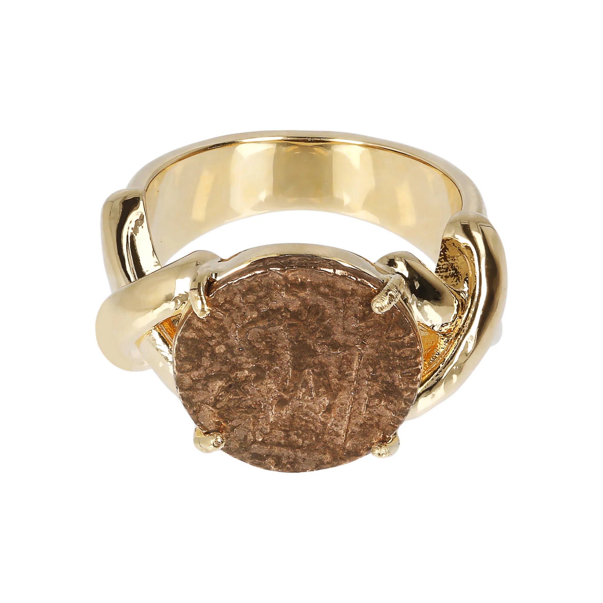 Bague jonc avec pièce de monnaie et éléments en relief