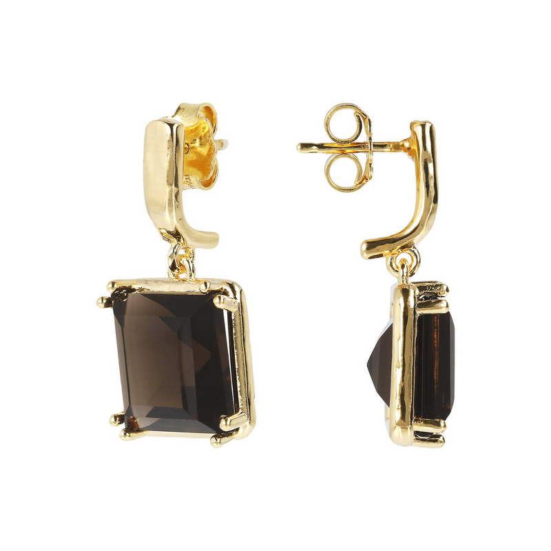 Pendant Earrings with Square Brown Quartz Natural Stone