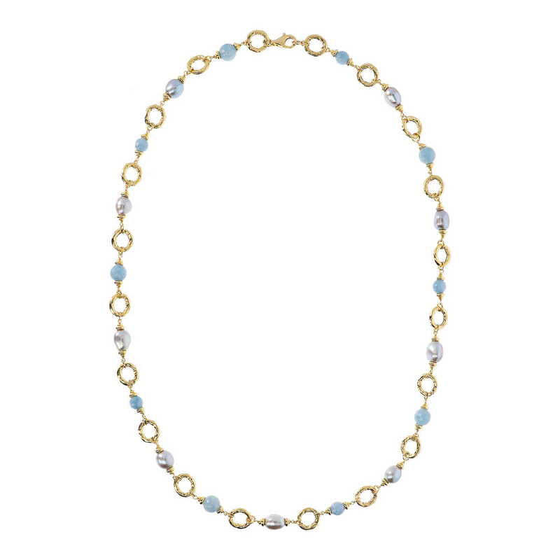 Lange Halskette mit gehämmerten Ringen aus hellblauem Quarzit und grauen Süßwasserperlen