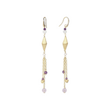 Boucles d'oreilles pendantes en fil de fer avec améthyste violette, agate blanche, perles d'eau douce blanches et éléments en satin