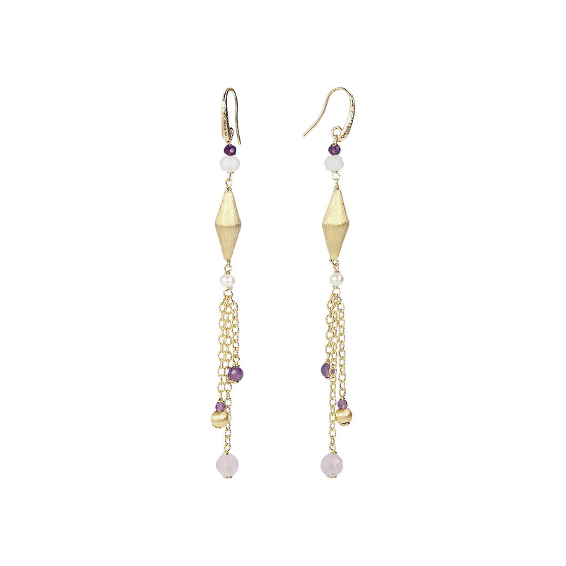 Wire Pendant Earrings with Purple Amethyst, White Agate, White Freshwater Pearls and Satin Elements
