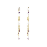 Boucles d'oreilles pendantes en fil de fer avec améthyste violette, agate blanche, perles d'eau douce blanches et éléments en satin
