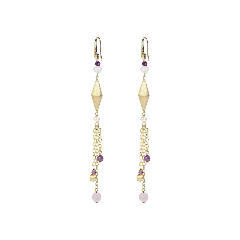 Wire Pendant Earrings with Purple Amethyst, White Agate, White Freshwater Pearls and Satin Elements