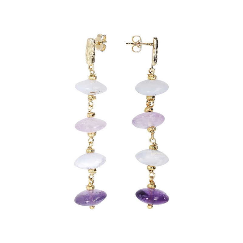Boucles d'oreilles pendantes en fil de fer avec améthyste violette et agate blanche