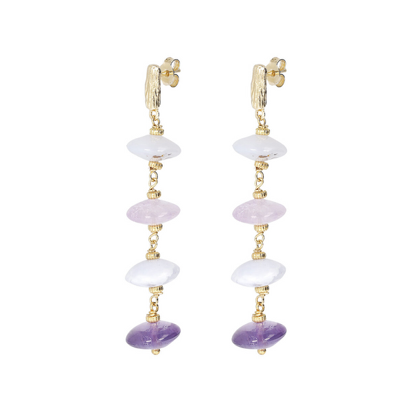 Boucles d'oreilles pendantes en fil de fer avec améthyste violette et agate blanche