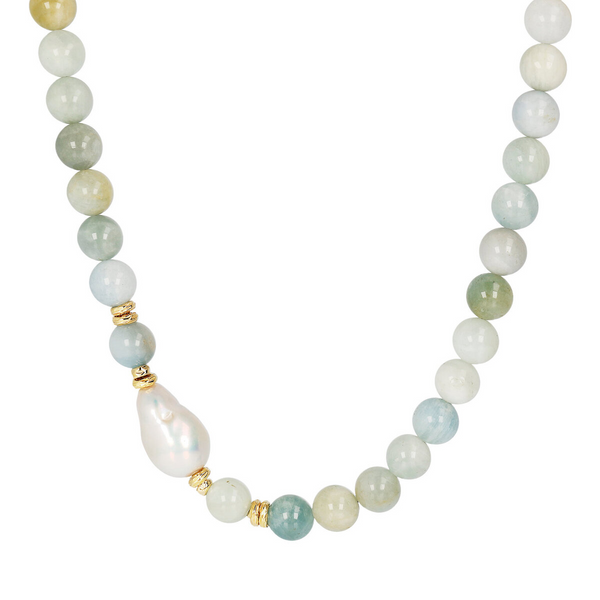 Crewneck Necklace with White Pearl and Aquamarine Natural Stone