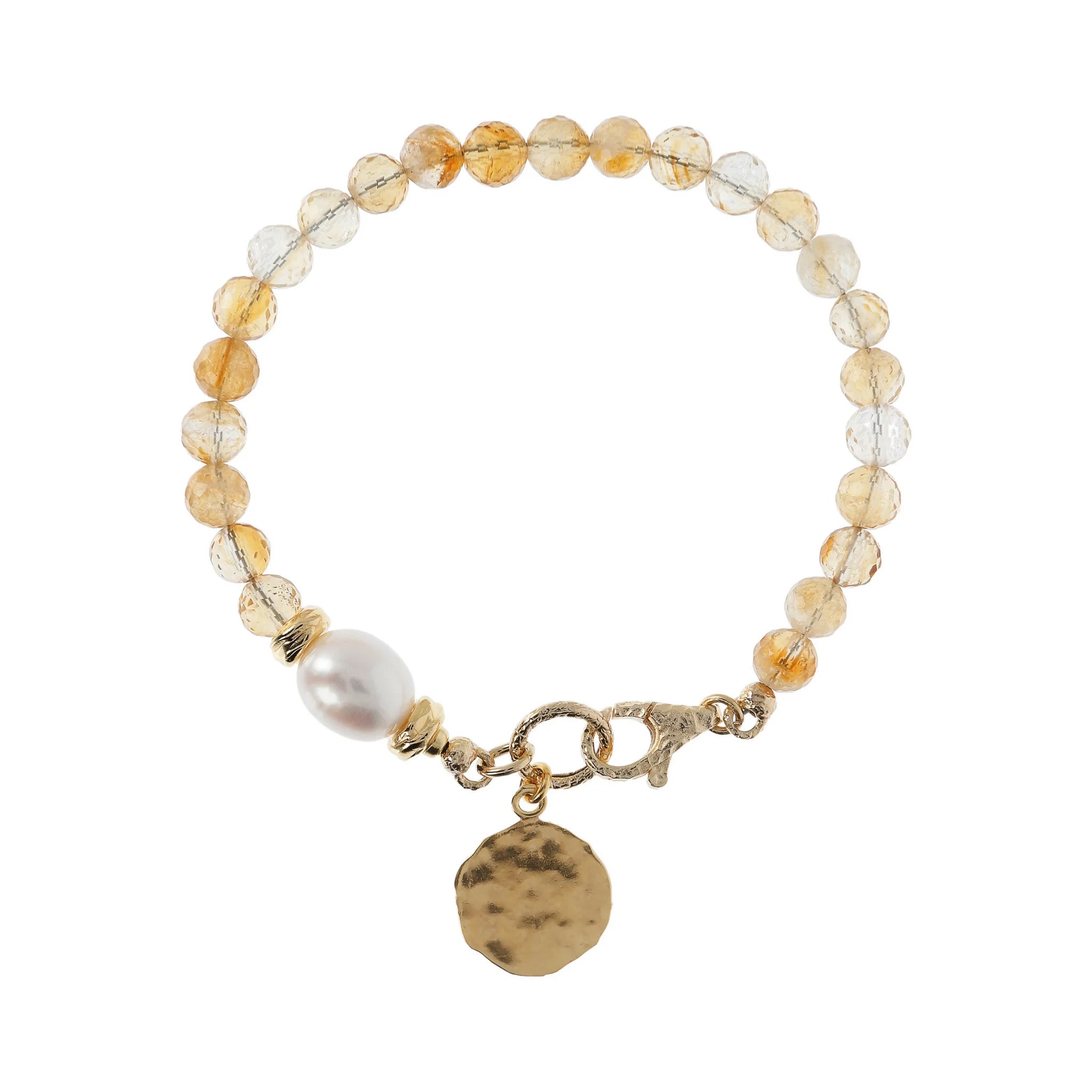 Bracciale con Pietre Naturali Pendente Martellato e Perla Barocca Bianca d'Acqua Dolce Ø 9/10 mm