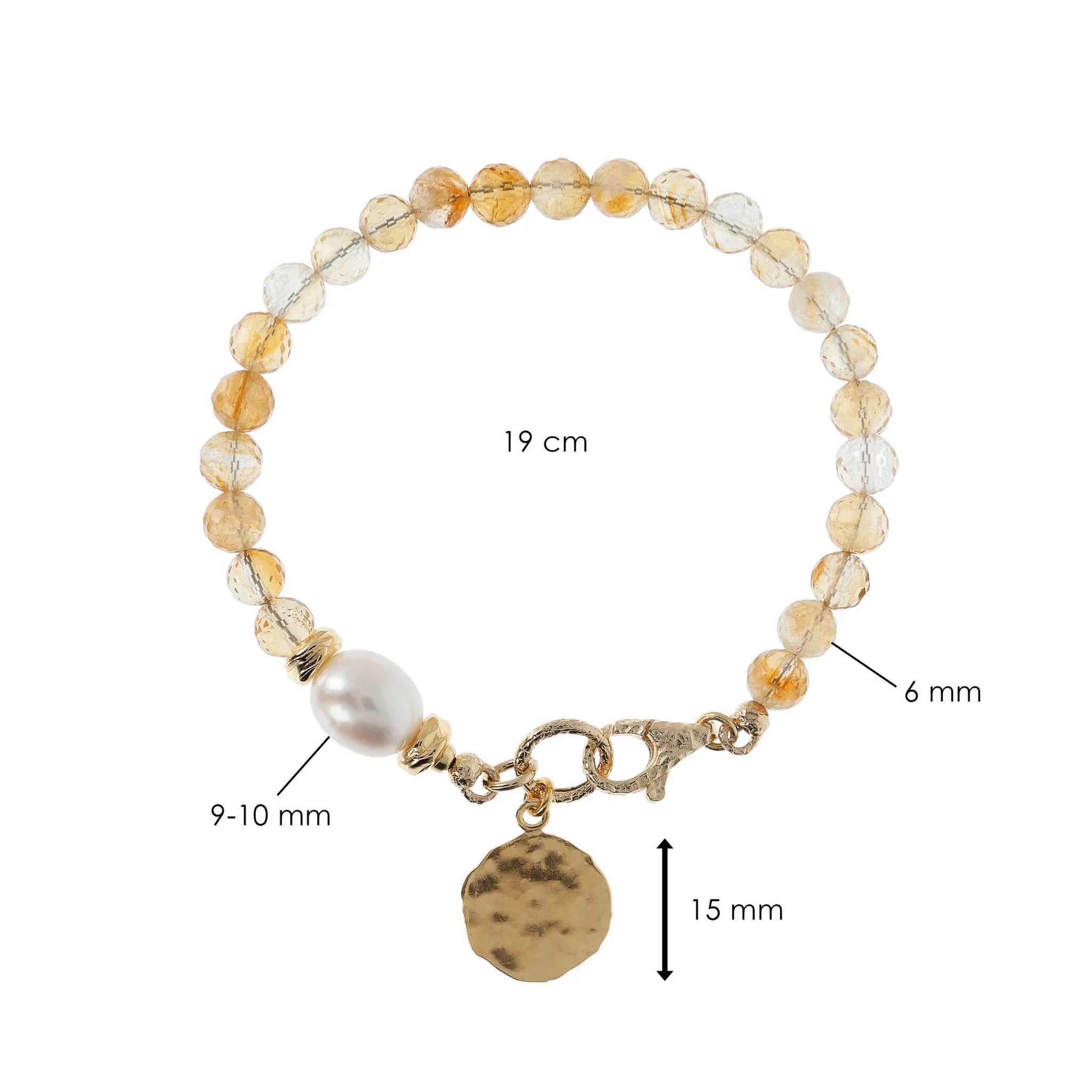 Bracciale con Pietre Naturali Pendente Martellato e Perla Barocca Bianca d'Acqua Dolce Ø 9/10 mm