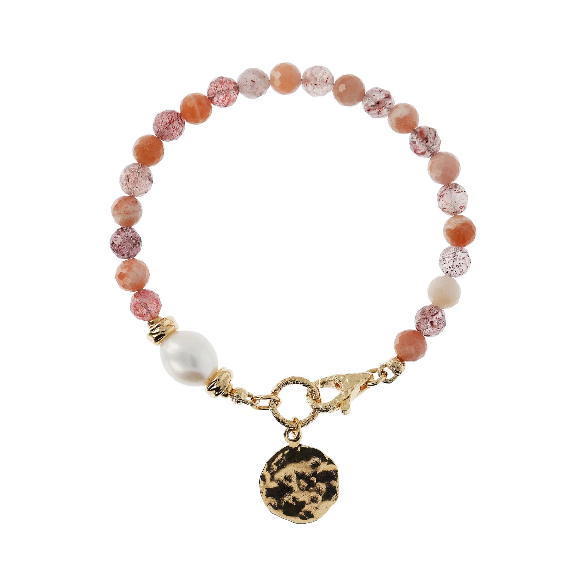 Bracciale con Pietre Naturali Pendente Martellato e Perla Barocca Bianca d'Acqua Dolce Ø 9/10 mm