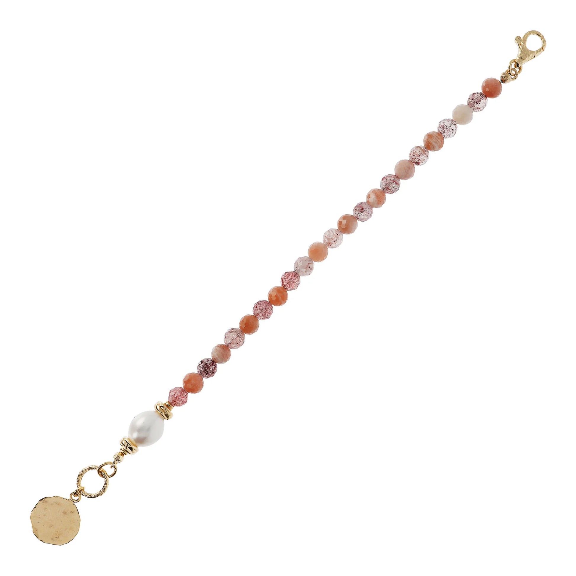 Bracelet with Natural Stones Hammered Pendant and Freshwater White Baroque Pearl Ø 9/10 mm