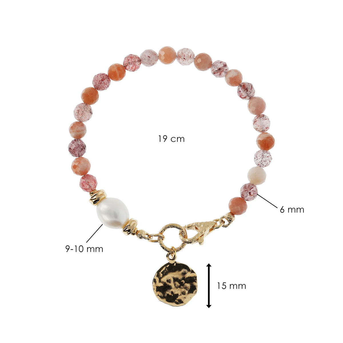 Bracelet with Natural Stones Hammered Pendant and Freshwater White Baroque Pearl Ø 9/10 mm