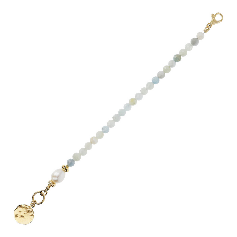 Bracelet with White Pearl Natural Stones and Hammered Pendant