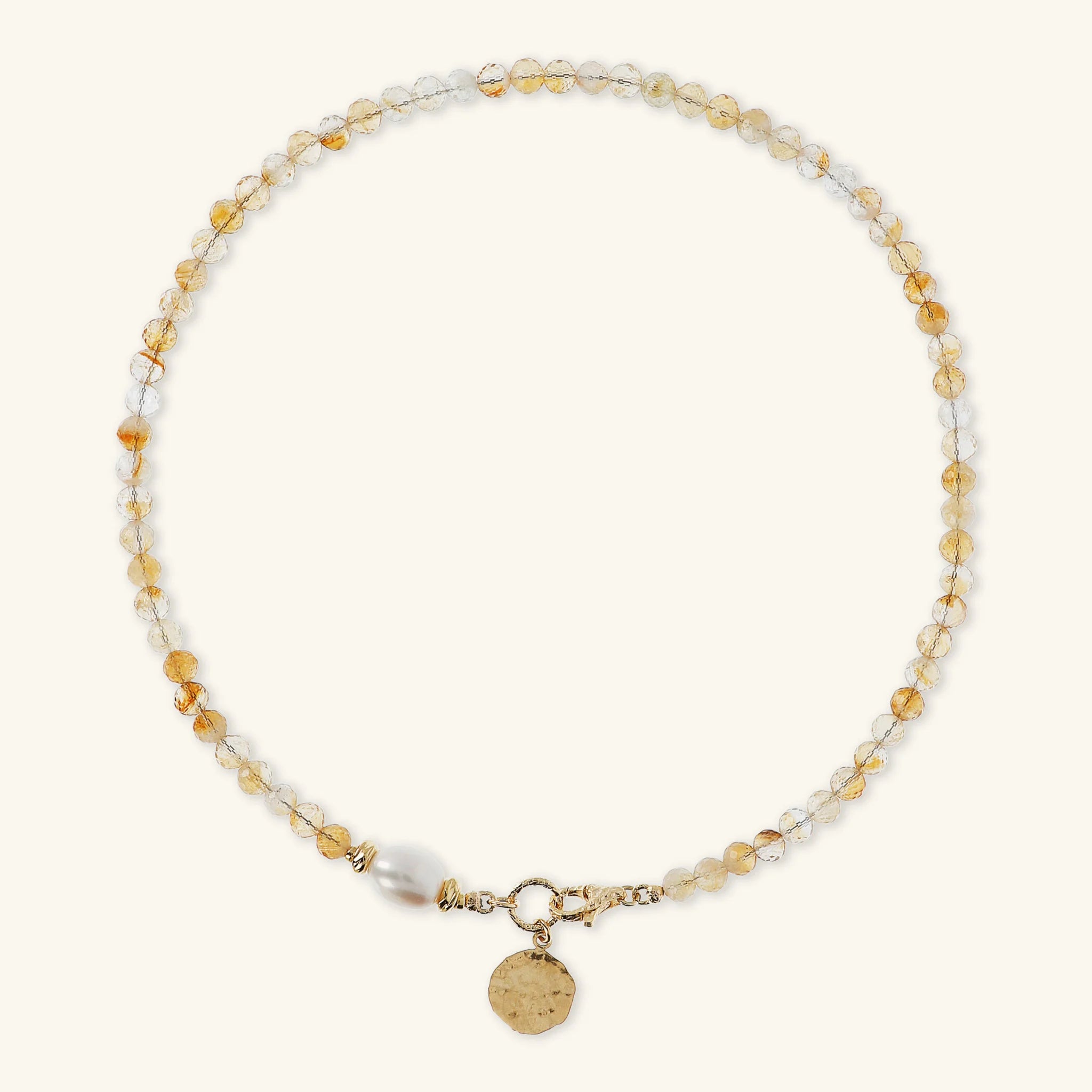 Choker Necklace with Natural Stones, Hammered Pendant and White Baroque Freshwater Pearl Ø 9/10 mm
